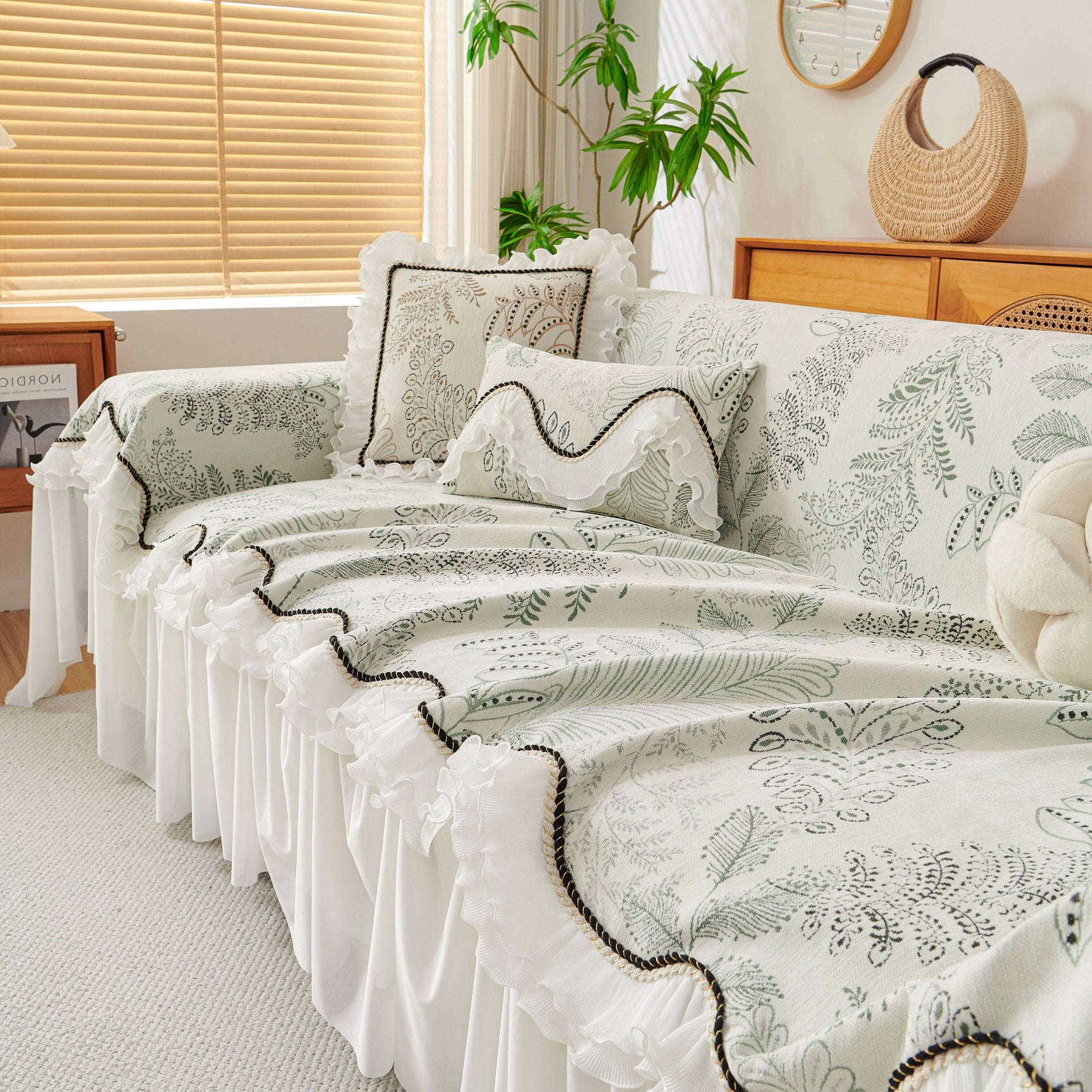 Farmhouse Ruffled Lace Sofa Slipcover Vintage Furniture Protector with Botanical Print - Ornate Home