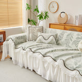 Farmhouse Ruffled Lace Sofa Slipcover Vintage Furniture Protector with Botanical Print - Ornate Home