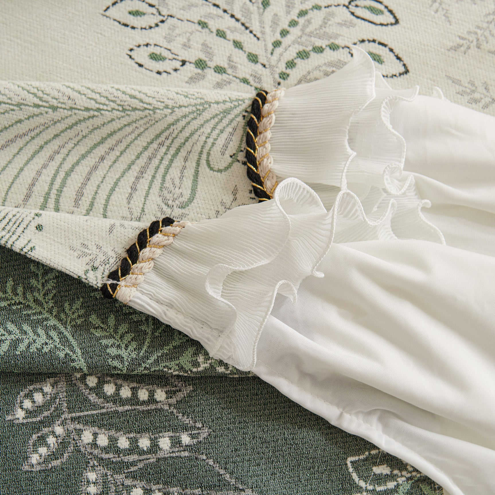 Farmhouse Ruffled Lace Sofa Slipcover Vintage Furniture Protector with Botanical Print - Ornate Home