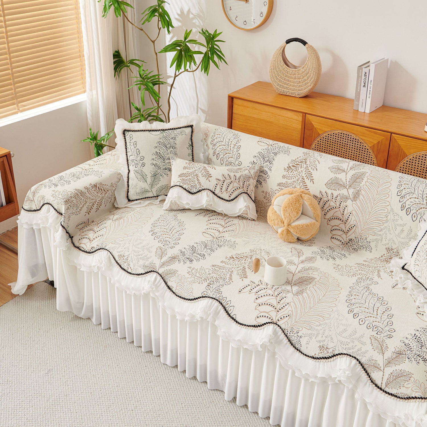 Farmhouse Ruffled Lace Sofa Slipcover Vintage Furniture Protector with Botanical Print - Ornate Home