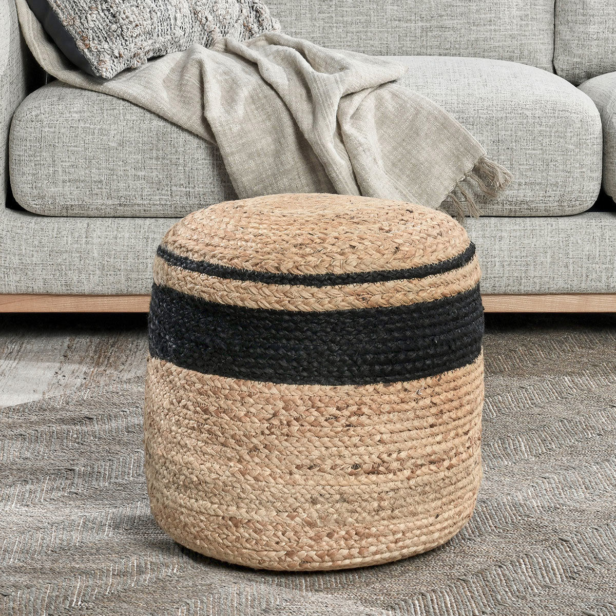 Faro Jute Beige Natural/Black Pouf - Ornate Home