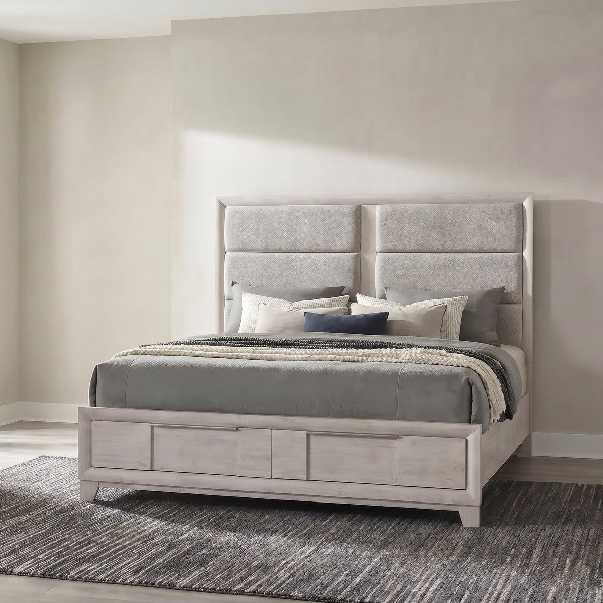 Farre Washed Grey Eastern King Upholstered Storage Platform Bed - Ornate Home