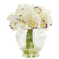 Faux Cymbidium Orchid Artificial Arrangement in Glass Vase - Ornate Home