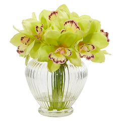 Faux Cymbidium Orchid Artificial Arrangement in Glass Vase - Ornate Home