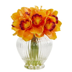 Faux Cymbidium Orchid Artificial Arrangement in Glass Vase - Ornate Home