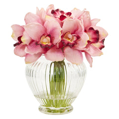 Faux Cymbidium Orchid Artificial Arrangement in Glass Vase - Ornate Home