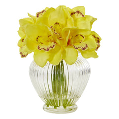 Faux Cymbidium Orchid Artificial Arrangement in Glass Vase - Ornate Home