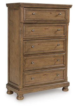 Feddinger Medium Brown King Panel Bed, Dresser, Mirror, Chest and 2 Nightstands - Ornate Home