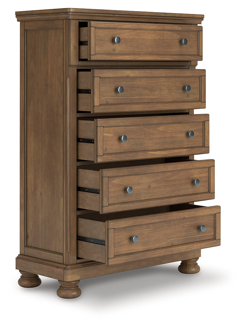 Feddinger Medium Brown King Panel Storage Bedroom Set with Dresser, Mirror, Chest and Nightstand - Ornate Home
