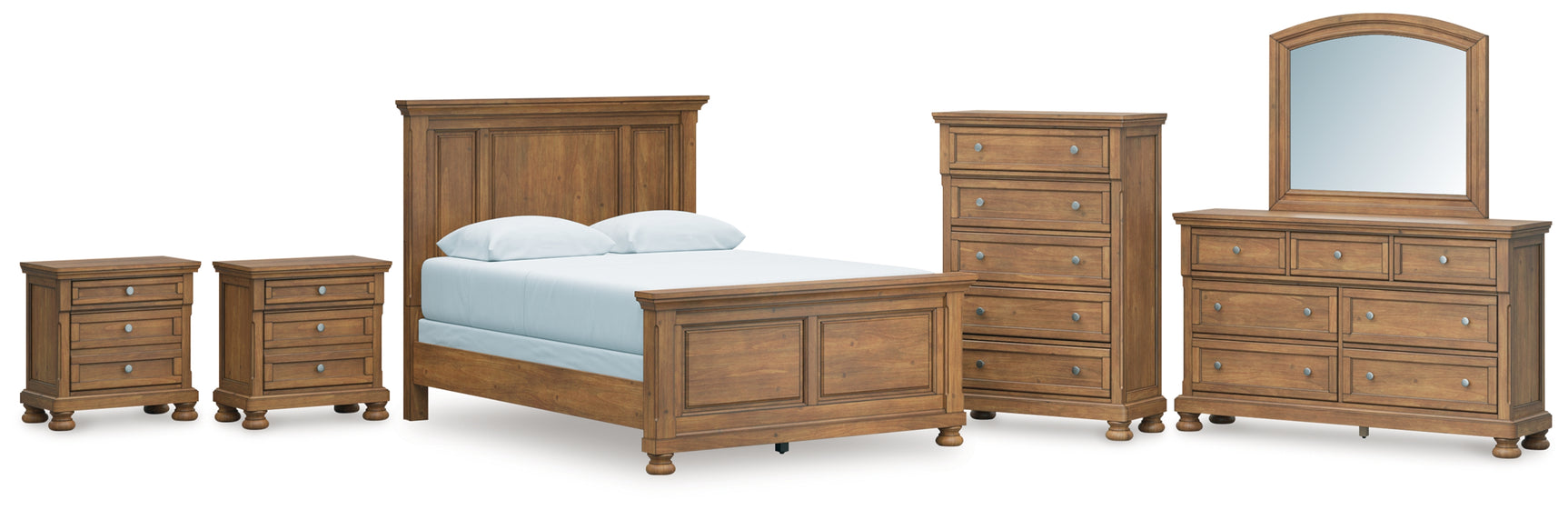 Feddinger Medium Brown Queen Panel Bed, Dresser, Mirror, Chest and 2 Nightstands (Online Special Price) - Ornate Home