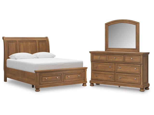 Feddinger Medium Brown Queen Sleigh Storage Bed, Dresser and Mirror (Online Special Price) - Ornate Home