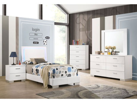 Felicity White High Gloss 4-piece Twin Bedroom Set with LED Bed - Ornate Home
