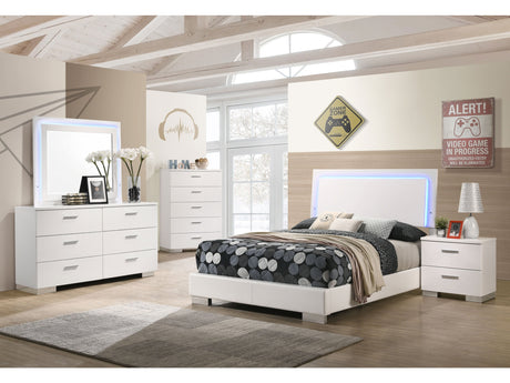 Felicity White High Gloss 5-piece Full Bedroom Set with LED Bed & Mirror - Ornate Home