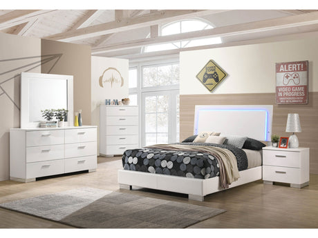 Felicity White High Gloss 5-piece Full Bedroom Set with LED Bed - Ornate Home