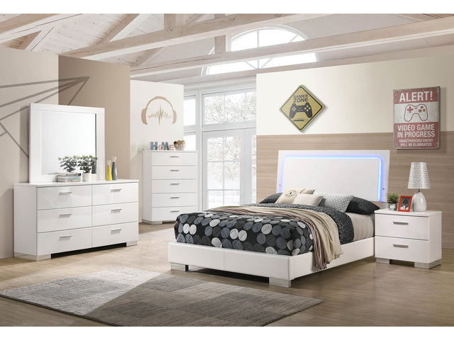 Felicity White High Gloss 5-piece Full Bedroom Set with LED Bed - Ornate Home