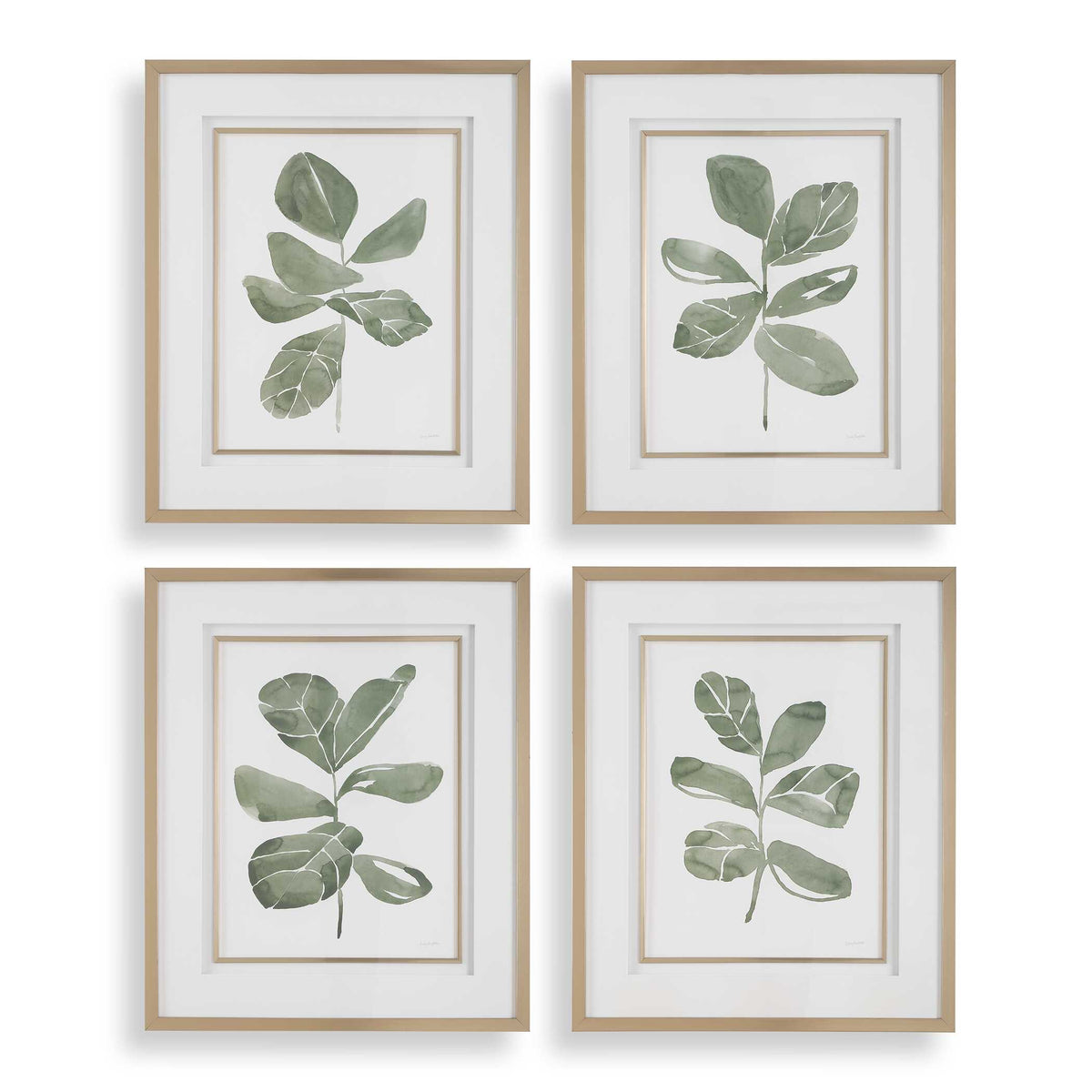 Fiddle Head Gold/Green/White Leaf Botanical Prints (Set of 4) - Ornate Home