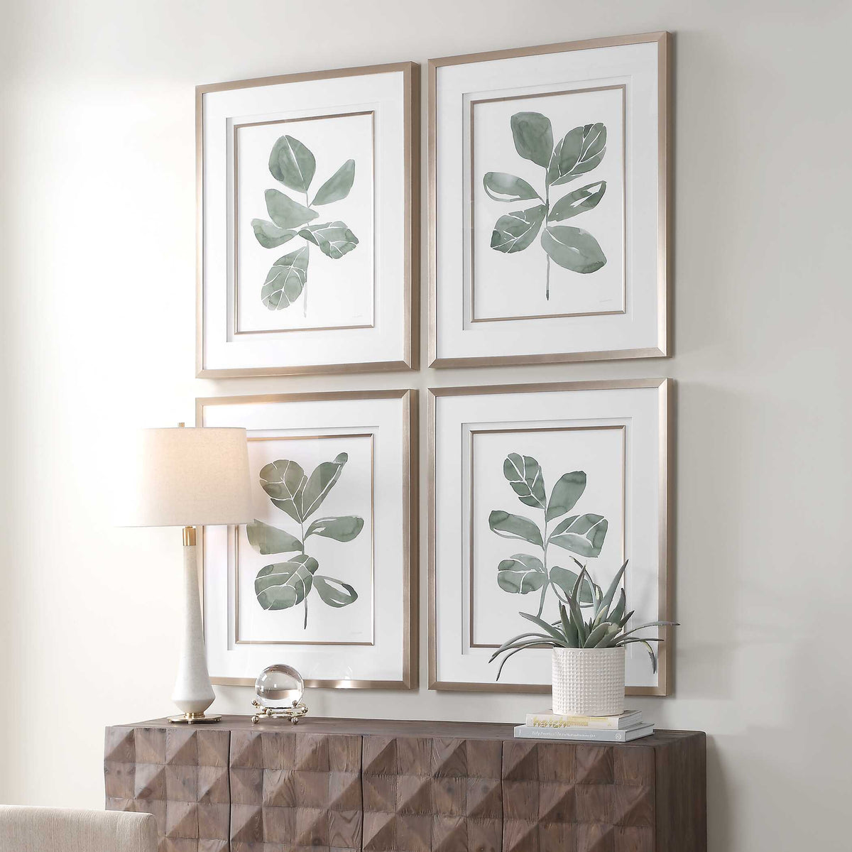 Fiddle Head Gold/Green/White Leaf Botanical Prints (Set of 4) - Ornate Home