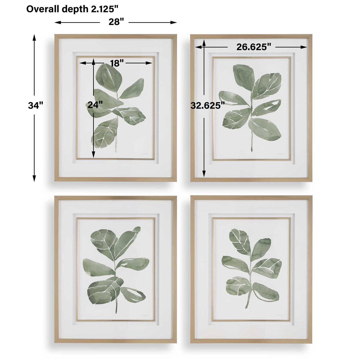 Fiddle Head Gold/Green/White Leaf Botanical Prints (Set of 4) - Ornate Home