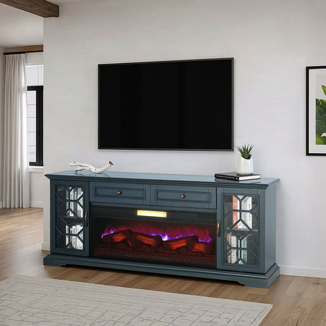 Fidel Dark Blue 74'' TV Console w/ Electric Fireplace - Ornate Home