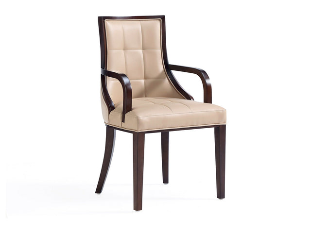 Fifth Avenue Faux Leather and Velvet Dining Armchair in Tan and Walnut - Ornate Home