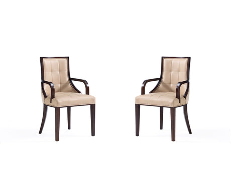 Fifth Avenue Faux Leather and Velvet Dining Armchair in Tan and Walnut (set of 2) - Ornate Home