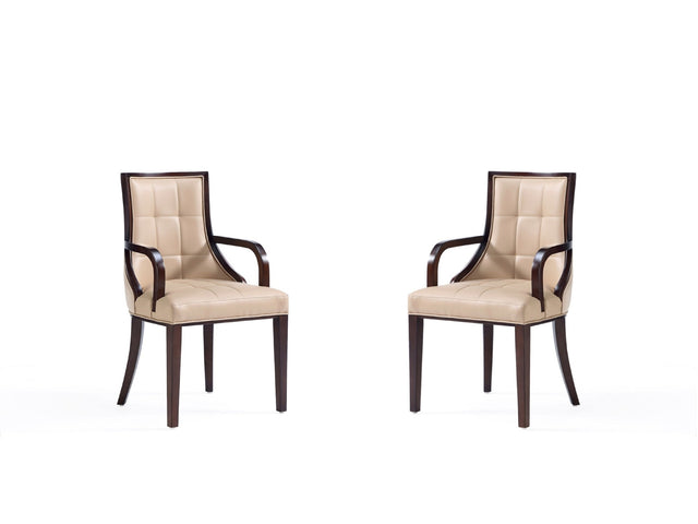 Fifth Avenue Faux Leather and Velvet Dining Armchair in Tan and Walnut (set of 2) - Ornate Home