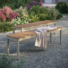 Finn Natural Outdoor Patio Aluminum Bench with Faux Wood Top (Set of 2) - Ornate Home