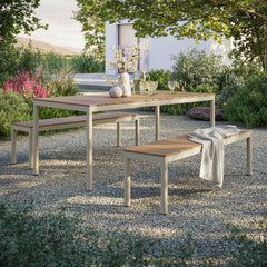 Finn Natural Outdoor Patio Aluminum Faux Wood Dining Set with Benches - Ornate Home