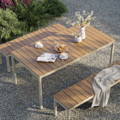 Finn Natural Outdoor Patio Aluminum Faux Wood Dining Set with Benches - Ornate Home