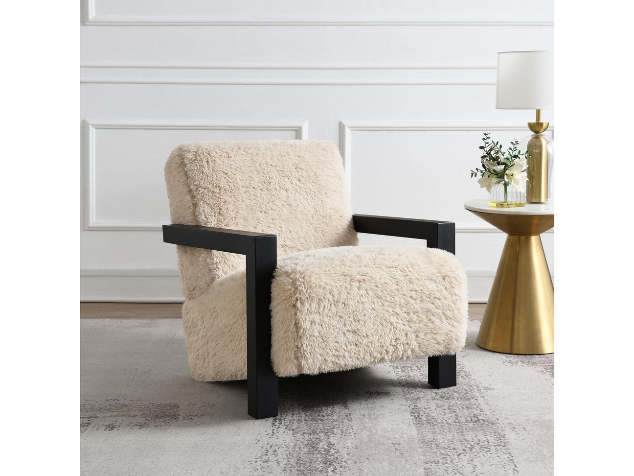 Fitzroy Latte Faux Fur Upholstered Chair Solid Wood Arms - Ornate Home