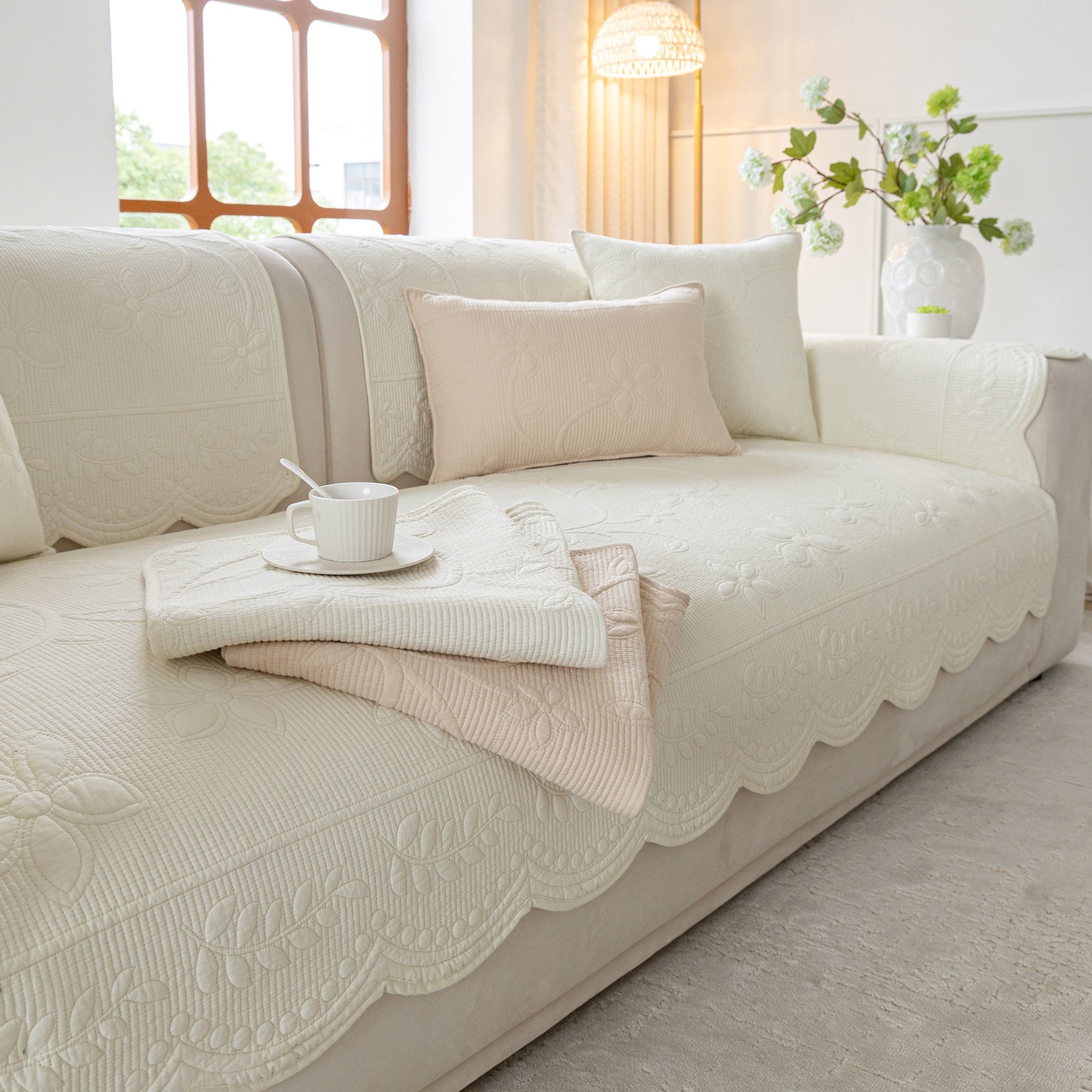 Floral Cotton Quilted Sofa Cover, Non-Slip Couch Protector with Scalloped Edges - Ornate Home