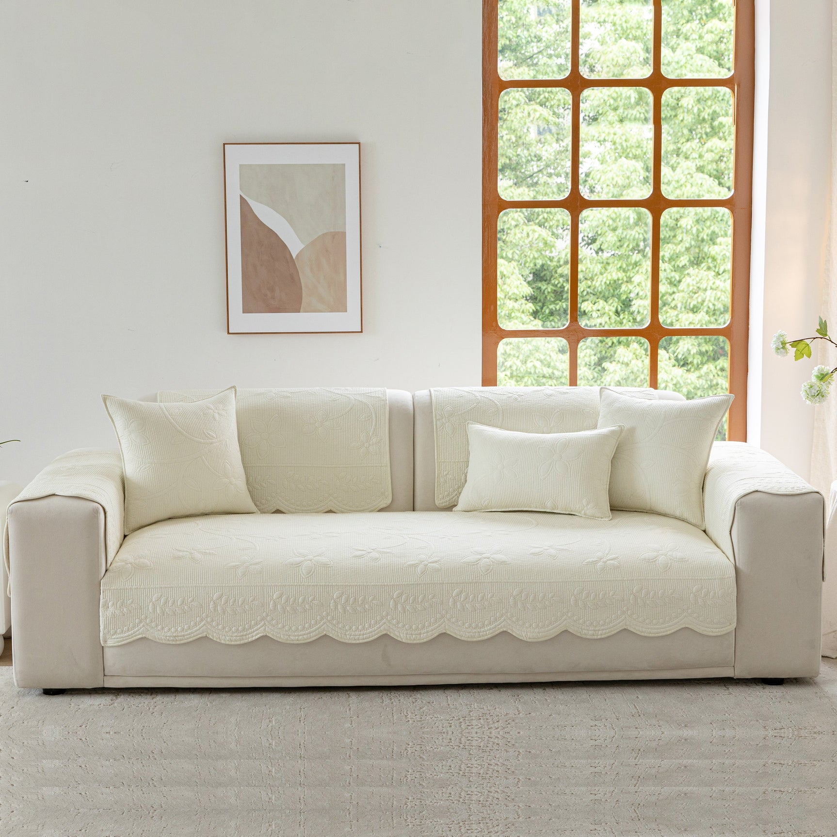 Floral Cotton Quilted Sofa Cover, Non-Slip Couch Protector with Scalloped Edges - Ornate Home