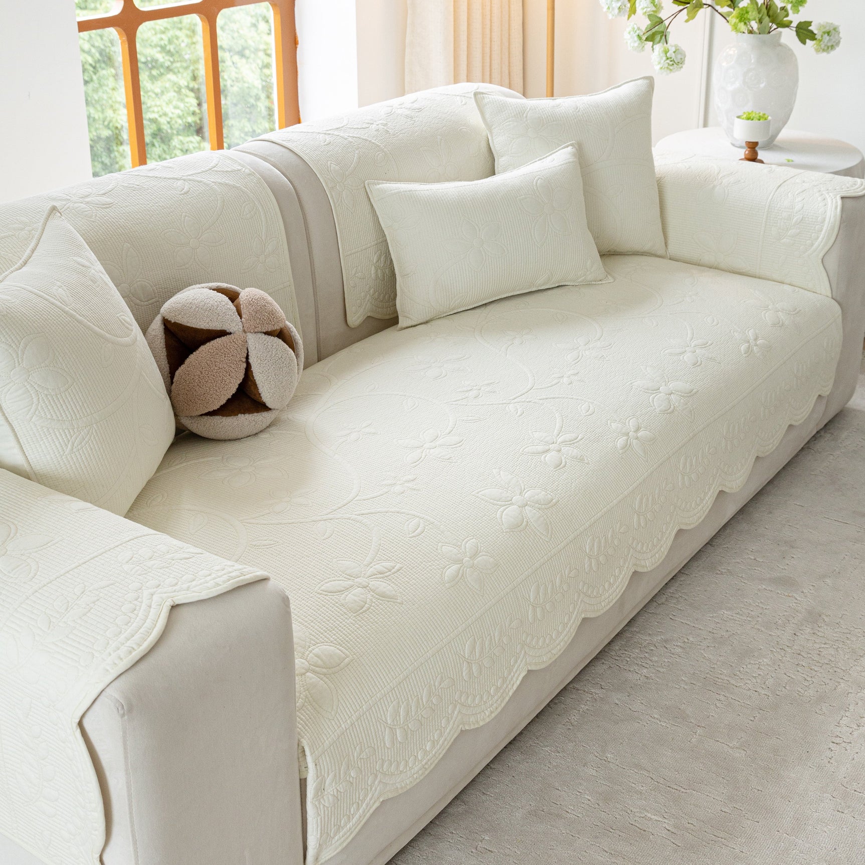 Floral Cotton Quilted Sofa Cover, Non-Slip Couch Protector with Scalloped Edges - Ornate Home