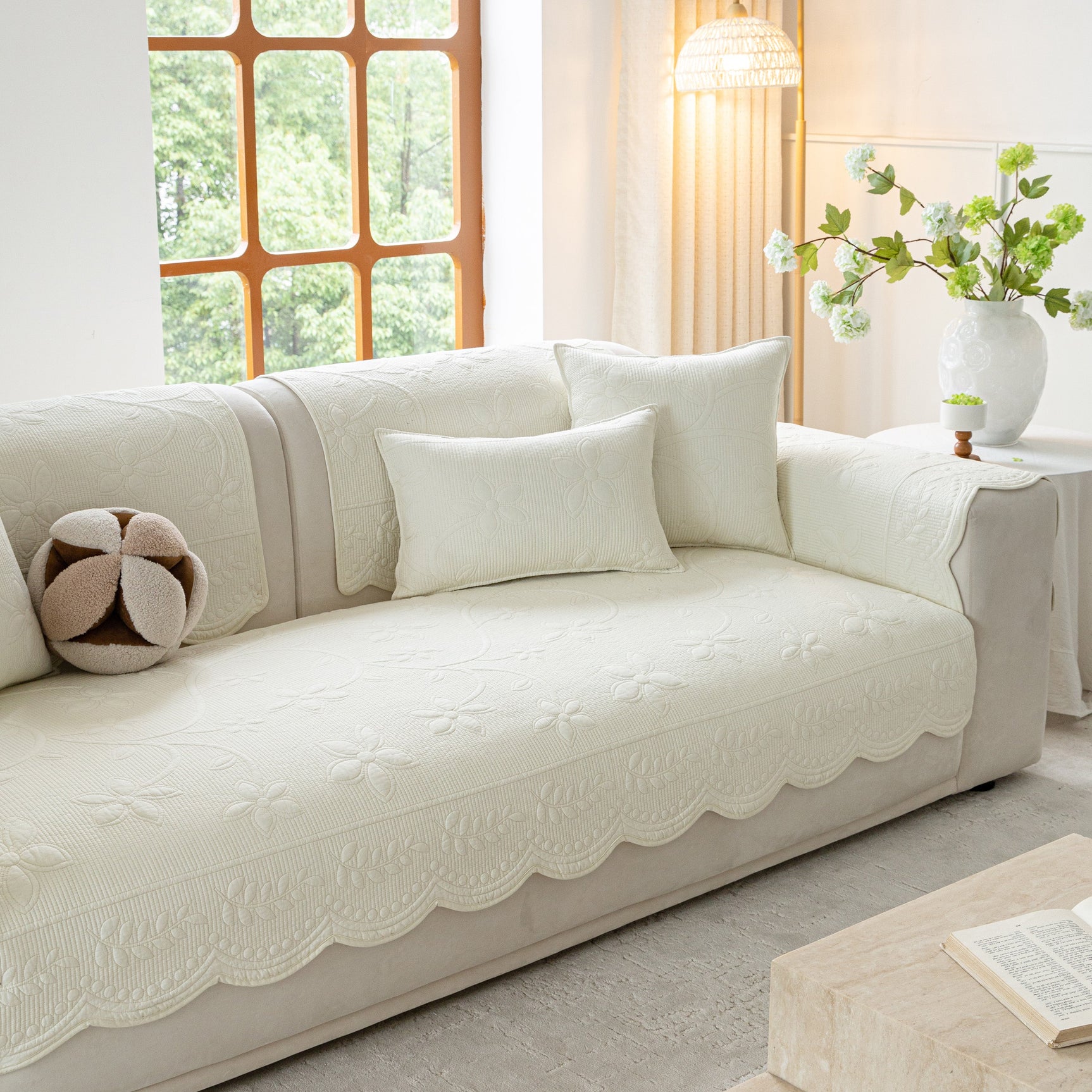Floral Cotton Quilted Sofa Cover, Non-Slip Couch Protector with Scalloped Edges - Ornate Home