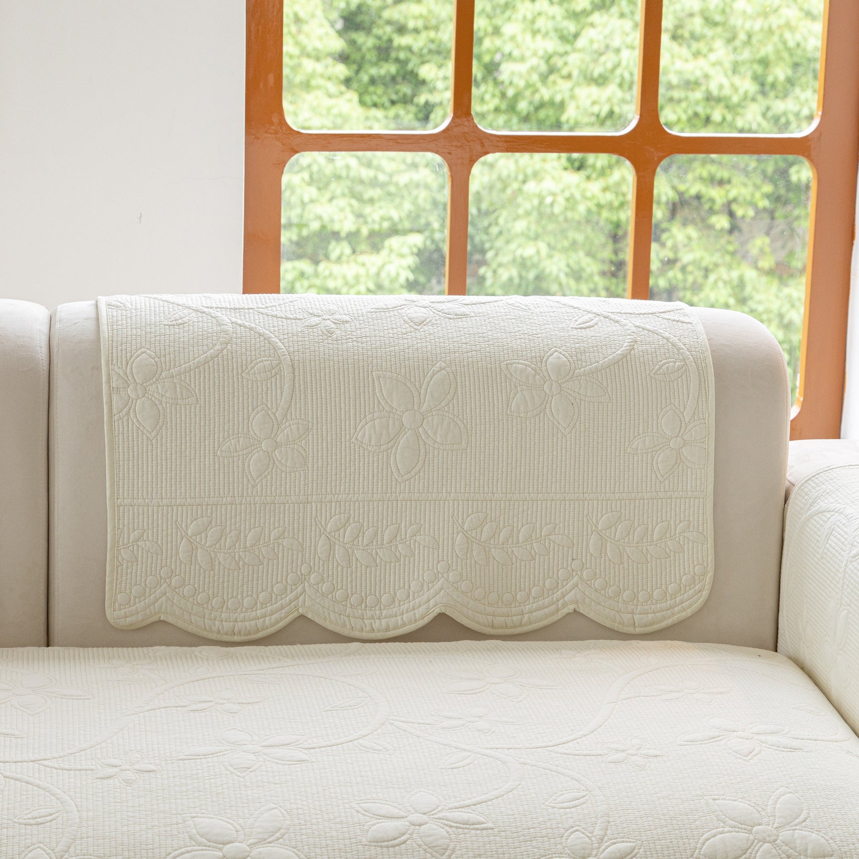 Floral Cotton Quilted Sofa Cover, Non-Slip Couch Protector with Scalloped Edges - Ornate Home