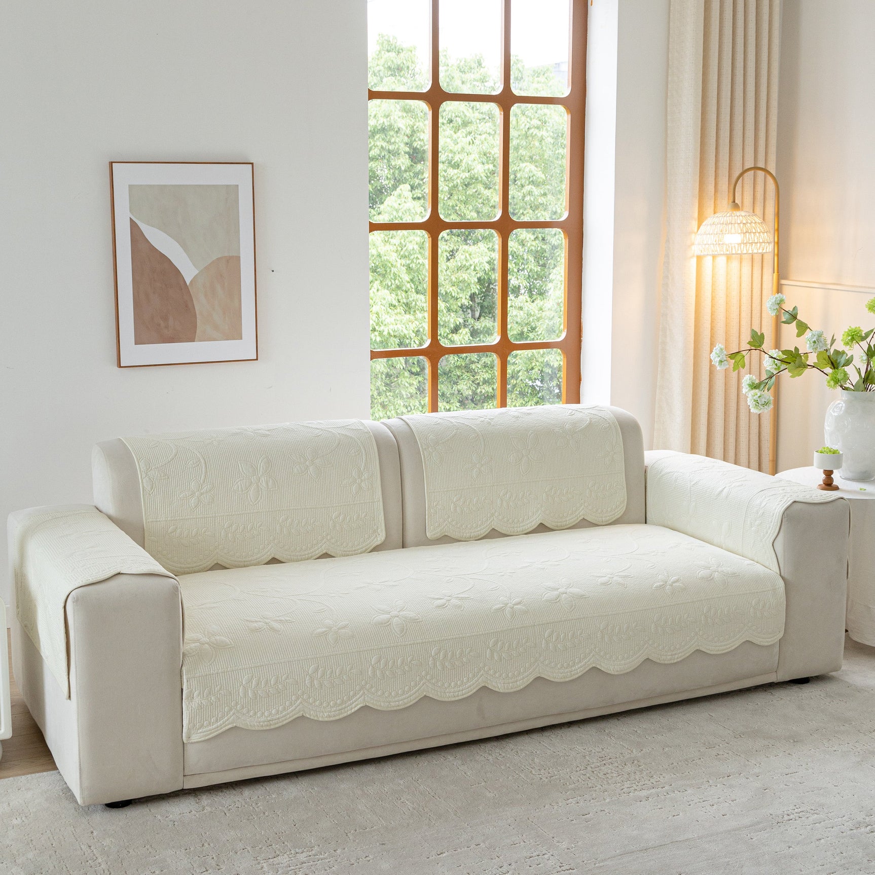 Floral Cotton Quilted Sofa Cover, Non-Slip Couch Protector with Scalloped Edges - Ornate Home