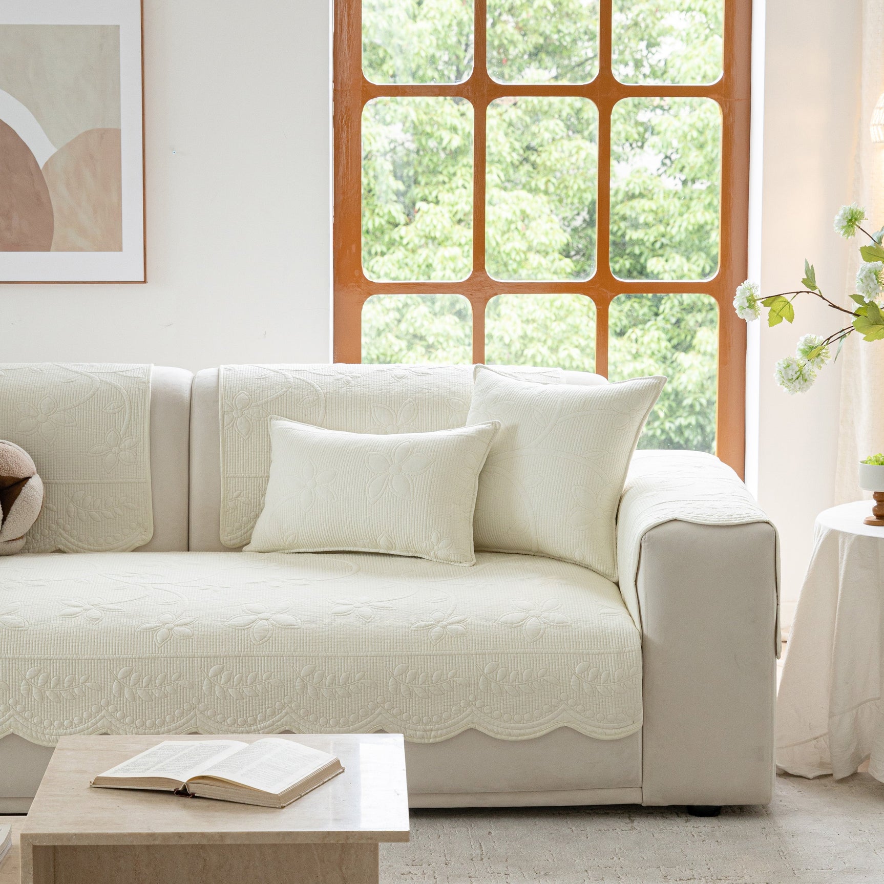 Floral Cotton Quilted Sofa Cover, Non-Slip Couch Protector with Scalloped Edges - Ornate Home