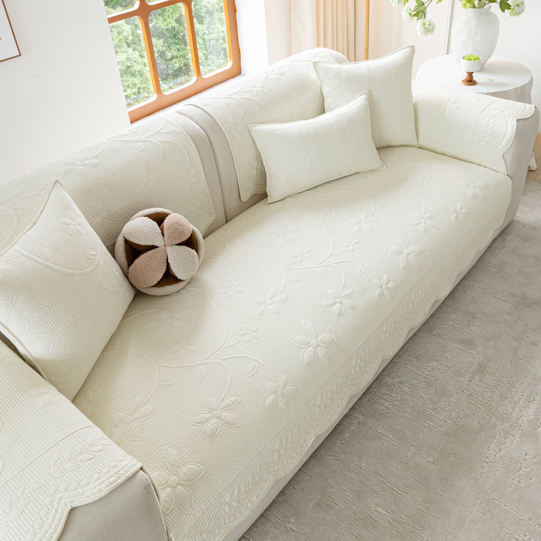 Floral Cotton Quilted Sofa Cover, Non-Slip Couch Protector with Scalloped Edges - Ornate Home