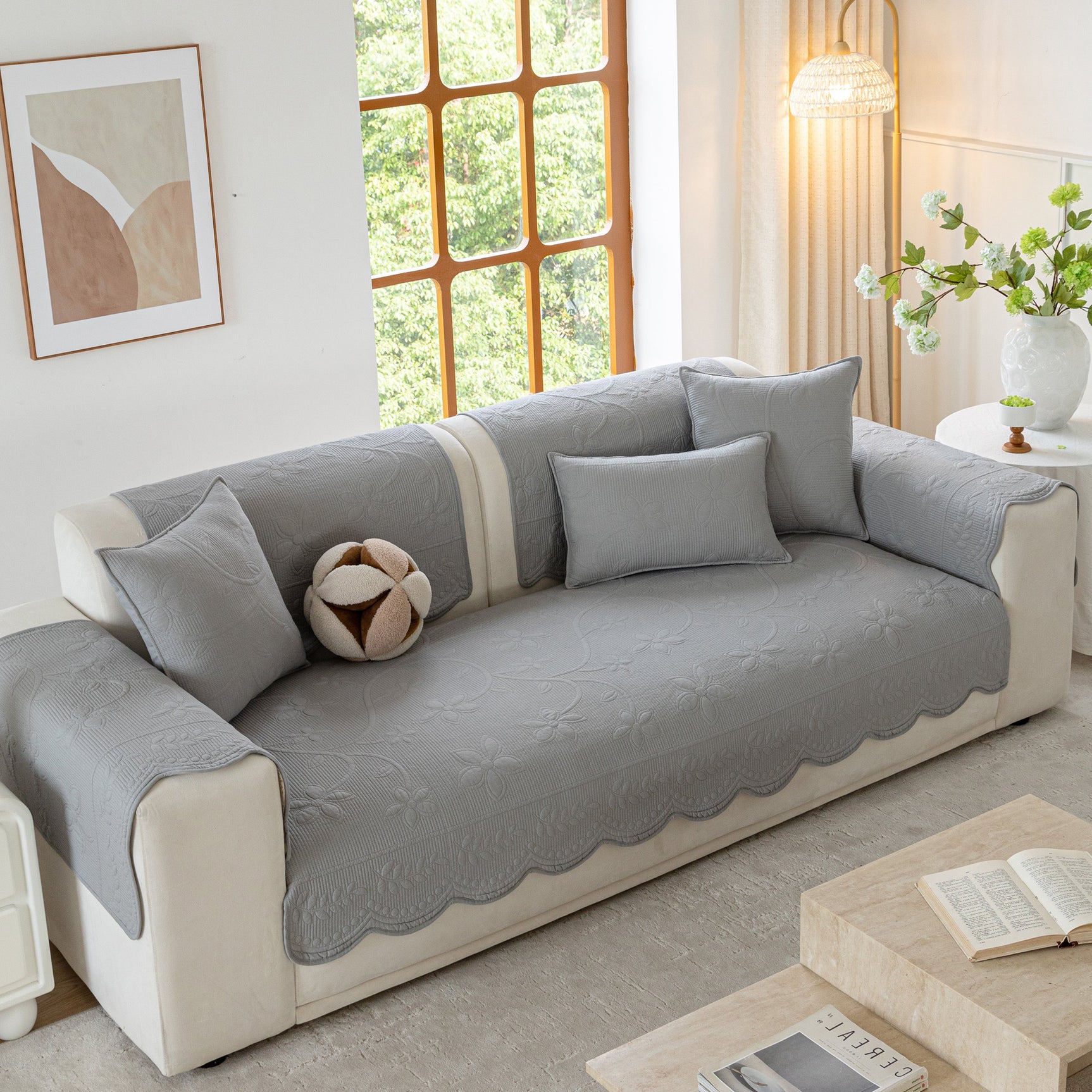 Floral Cotton Quilted Sofa Cover, Non-Slip Couch Protector with Scalloped Edges - Ornate Home