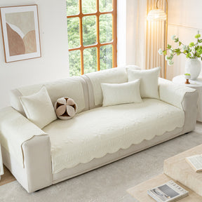 Floral Cotton Quilted Sofa Cover, Non-Slip Couch Protector with Scalloped Edges - Ornate Home