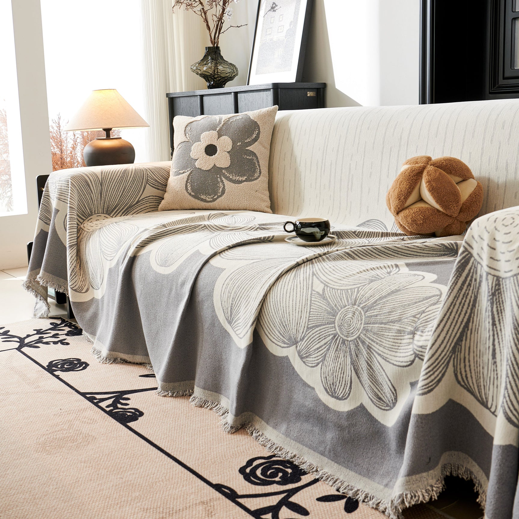 Floral Sofa Slipcovers Reversible Sofa Throw Covers with Tassels Pretty Furniture Covers for Sofas - Ornate Home