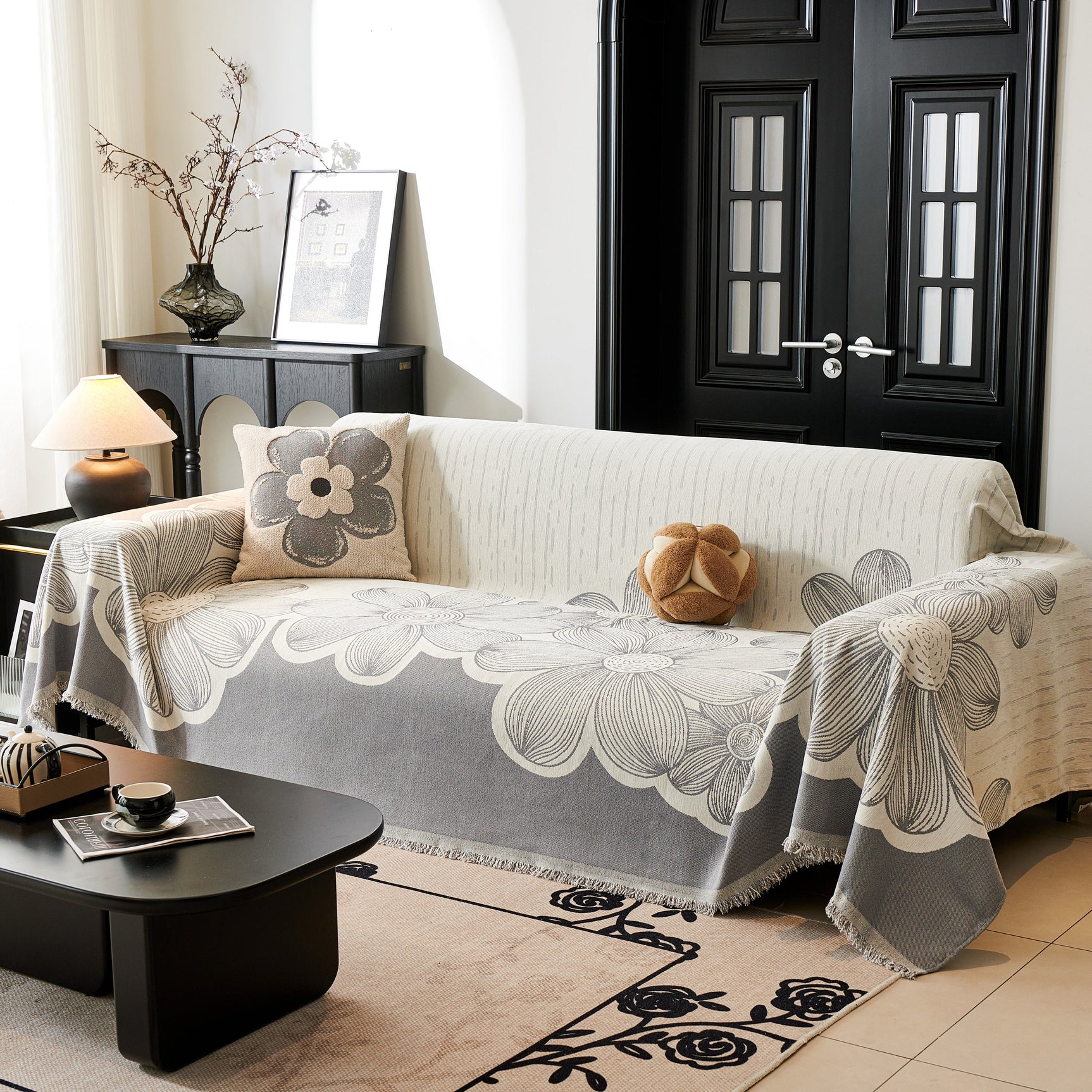 Floral Sofa Slipcovers Reversible Sofa Throw Covers with Tassels Pretty Furniture Covers for Sofas - Ornate Home