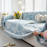Floral Symphony Couch Throw Cover with Tassel, Chenille Sofa Cover with Leafy Melodies for Sectional - Ornate Home