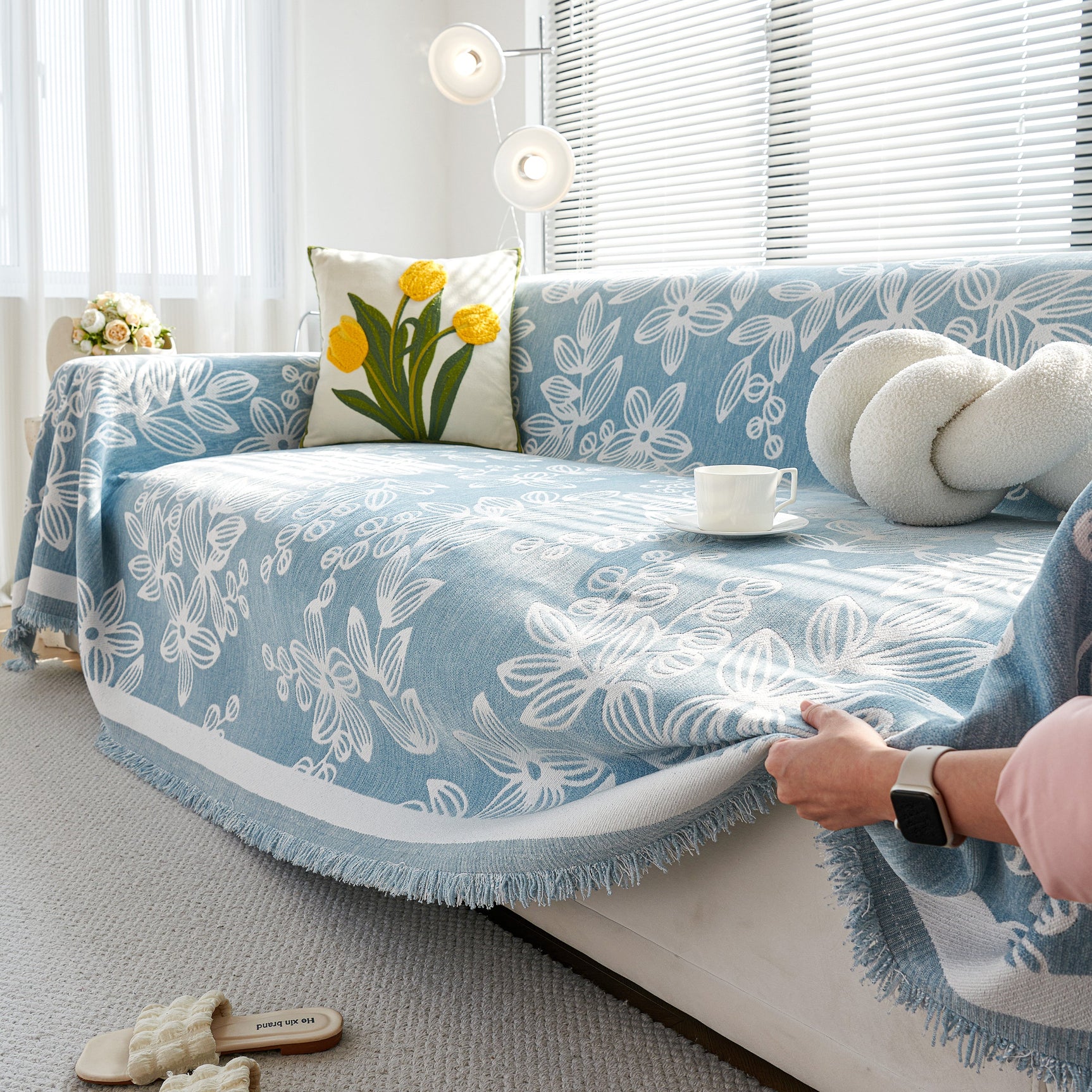 Floral Symphony Couch Throw Cover with Tassel, Chenille Sofa Cover with Leafy Melodies for Sectional - Ornate Home