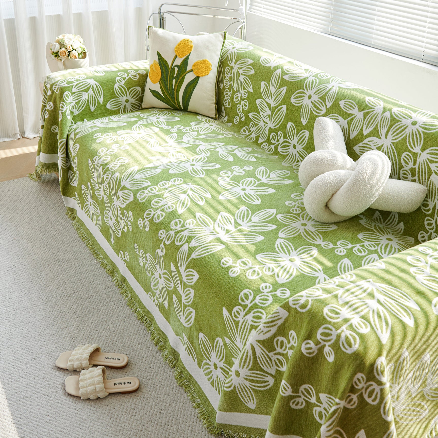 Floral Symphony Couch Throw Cover with Tassel, Chenille Sofa Cover with Leafy Melodies for Sectional - Ornate Home