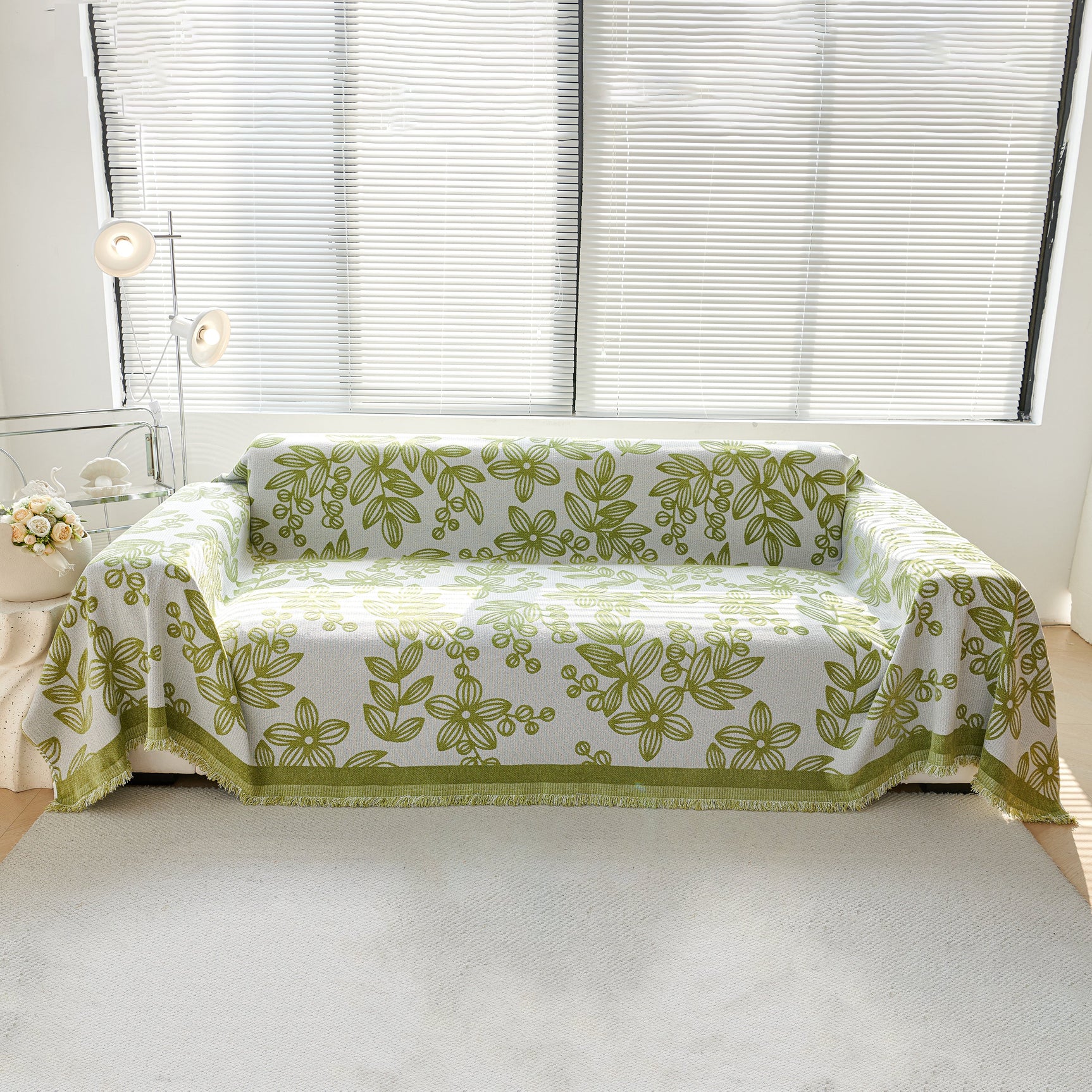Floral Symphony Couch Throw Cover with Tassel, Chenille Sofa Cover with Leafy Melodies for Sectional - Ornate Home