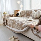 Floral Symphony Couch Throw Cover with Tassel, Chenille Sofa Cover with Leafy Melodies for Sectional - Ornate Home