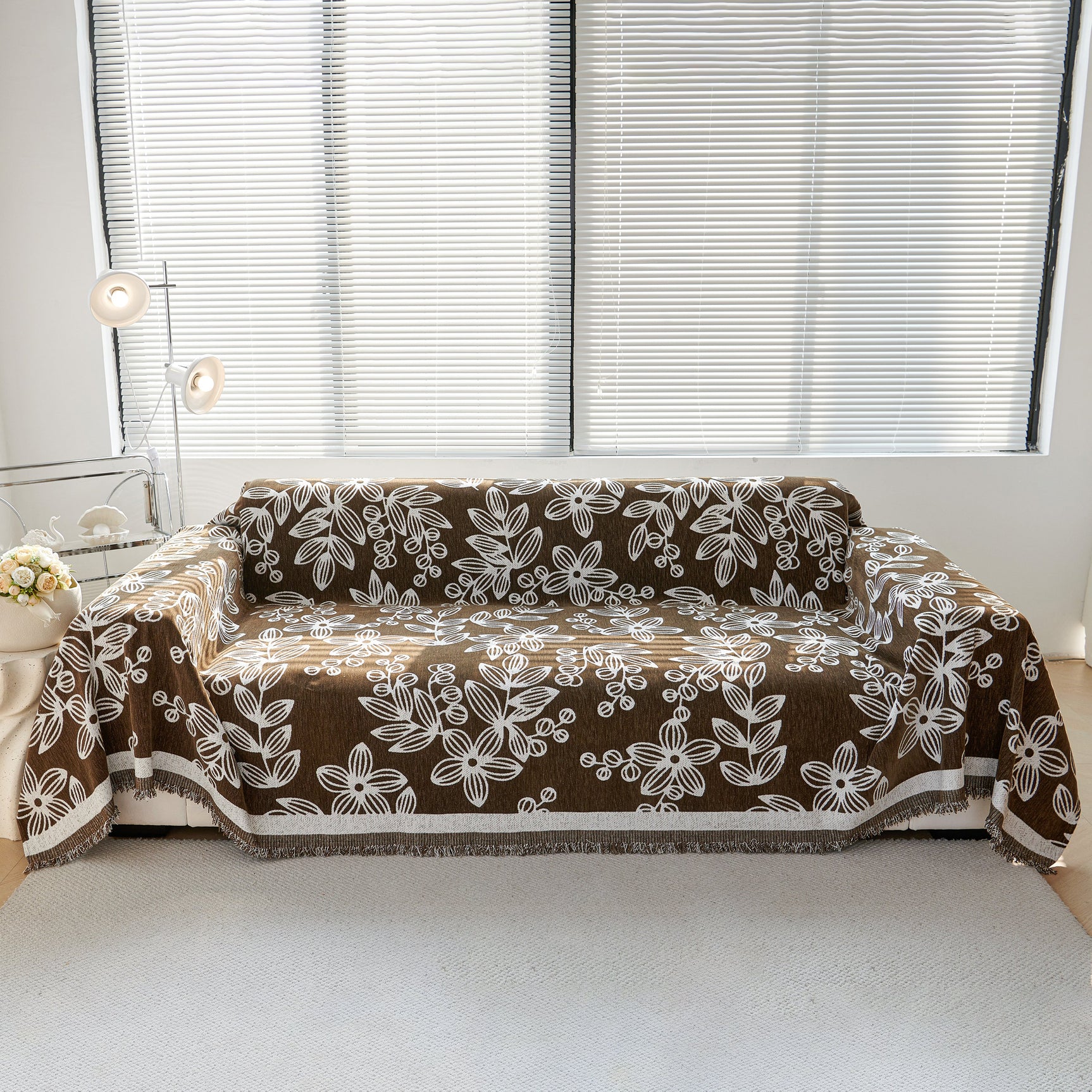 Floral Symphony Couch Throw Cover with Tassel, Chenille Sofa Cover with Leafy Melodies for Sectional - Ornate Home
