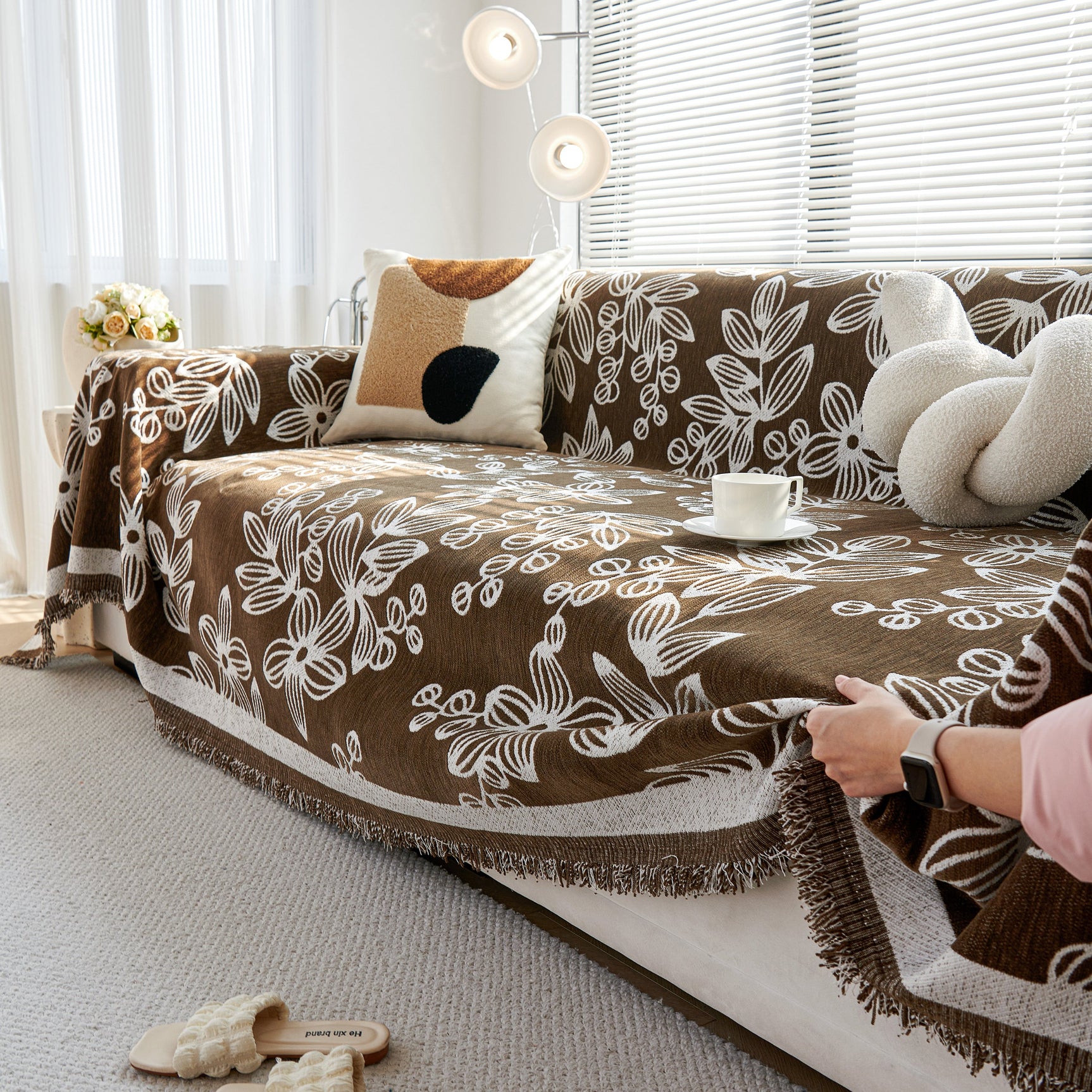 Floral Symphony Couch Throw Cover with Tassel, Chenille Sofa Cover with Leafy Melodies for Sectional - Ornate Home