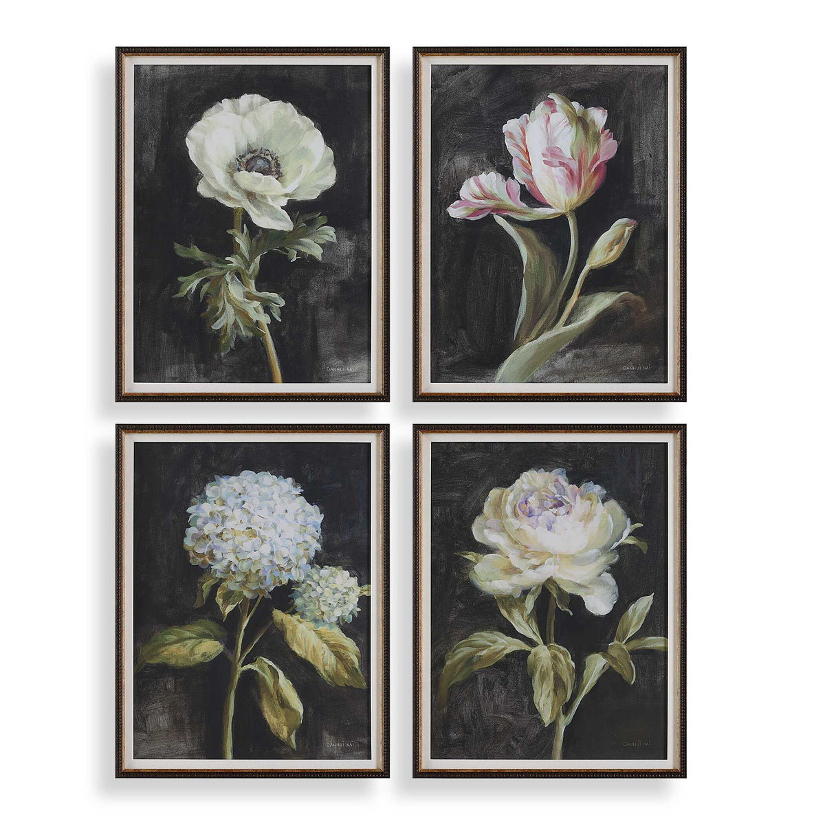 Florals On Black Gold Framed Prints (Set of 4) - Ornate Home